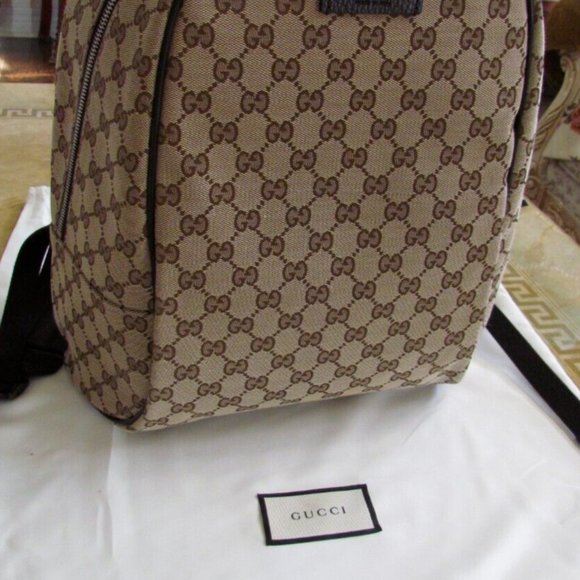 Authentic GUCCI Canvas& Leather Beige/Brown ebony GG print Backpack Large UNISEX - Picture 7 of 15